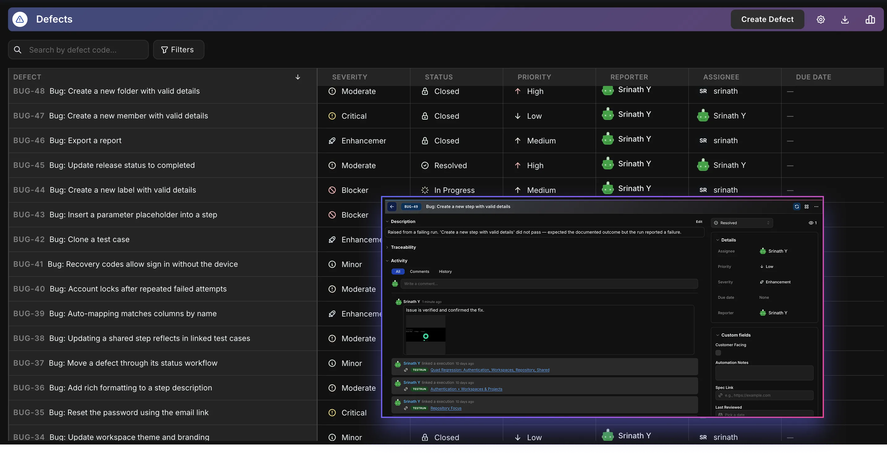 List view — The same defects as a table — sort, filter, and edit inline, with every column you care about.